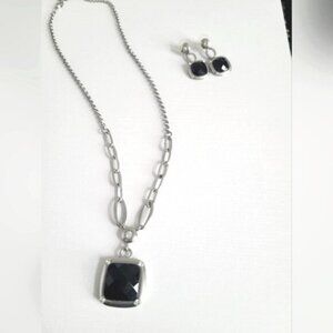 Vintage Matte Silver ToneChunky Black Onyx Faceted Crystal Y Necklace Earrings